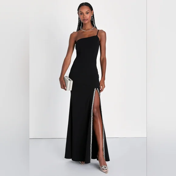 Absolutely Sensational Black Rhinestone One-Shoulder Maxi Dress - Picture 1 of 4